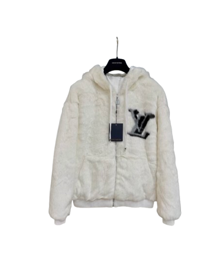 Giacca LV in pelliccia sintetica bianca con cappuccio