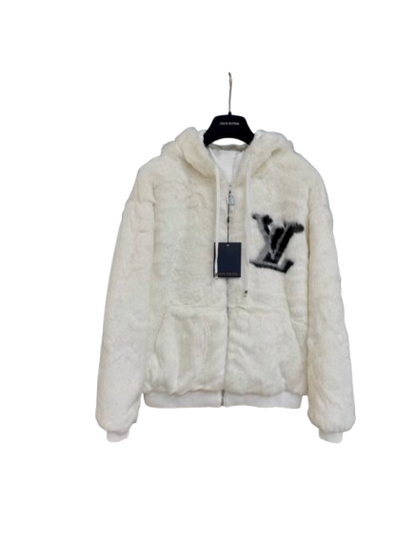 Giacca LV in pelliccia sintetica bianca con cappuccio