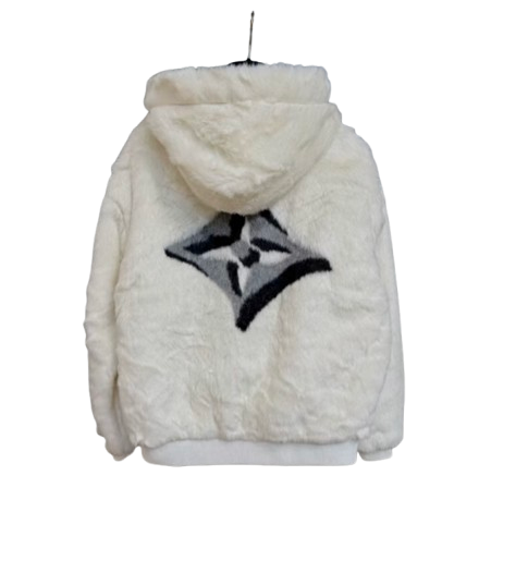 Giacca LV in pelliccia sintetica bianca con cappuccio