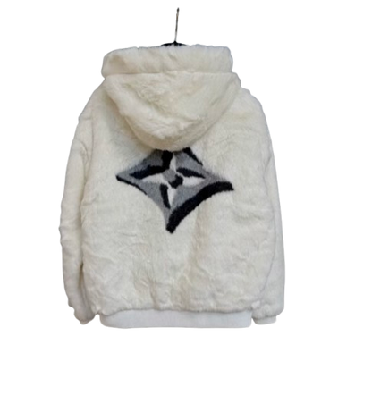 Giacca LV in pelliccia sintetica bianca con cappuccio